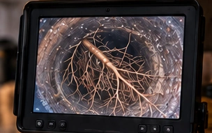 Camera monitor showing root intrusion inside a sewer pipe