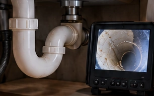 Sink drain P-trap and camera monitor displaying the inside of a small drain
